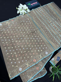 Dull Brown dhakai jamdani saree with golden silver & copper jori work all over work soft count