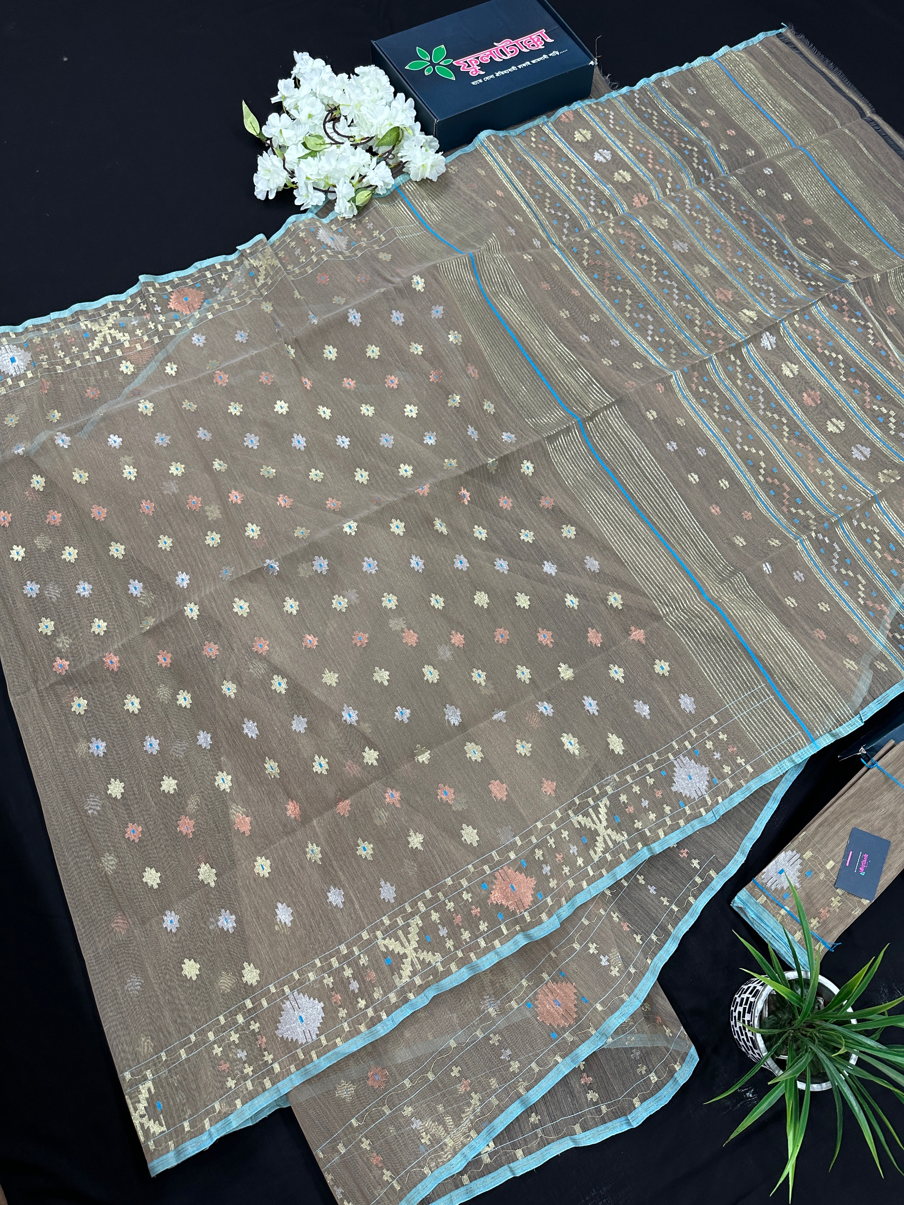 Dull Brown dhakai jamdani saree with golden silver & copper jori work all over work soft count
