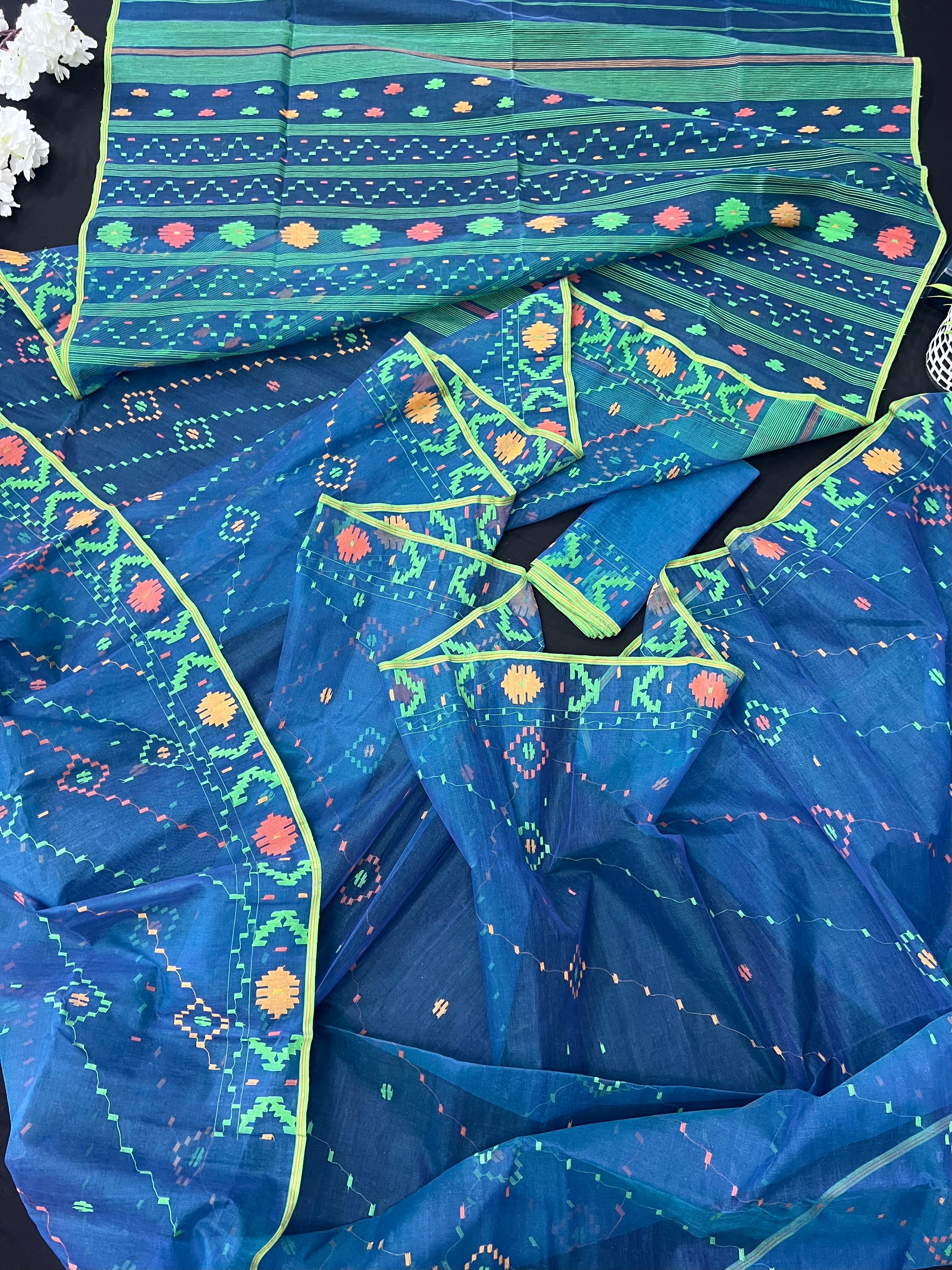 Sea Green Original Handloom Dhakai Jamdani With Orange Green & Yellow Threads Work