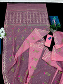 Rosy pink dhakai jamdani saree with golden jori work green thread work and pink flower soft count