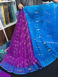 Purple halfsilk jamdani saree with golden jori work and contrast blue paar