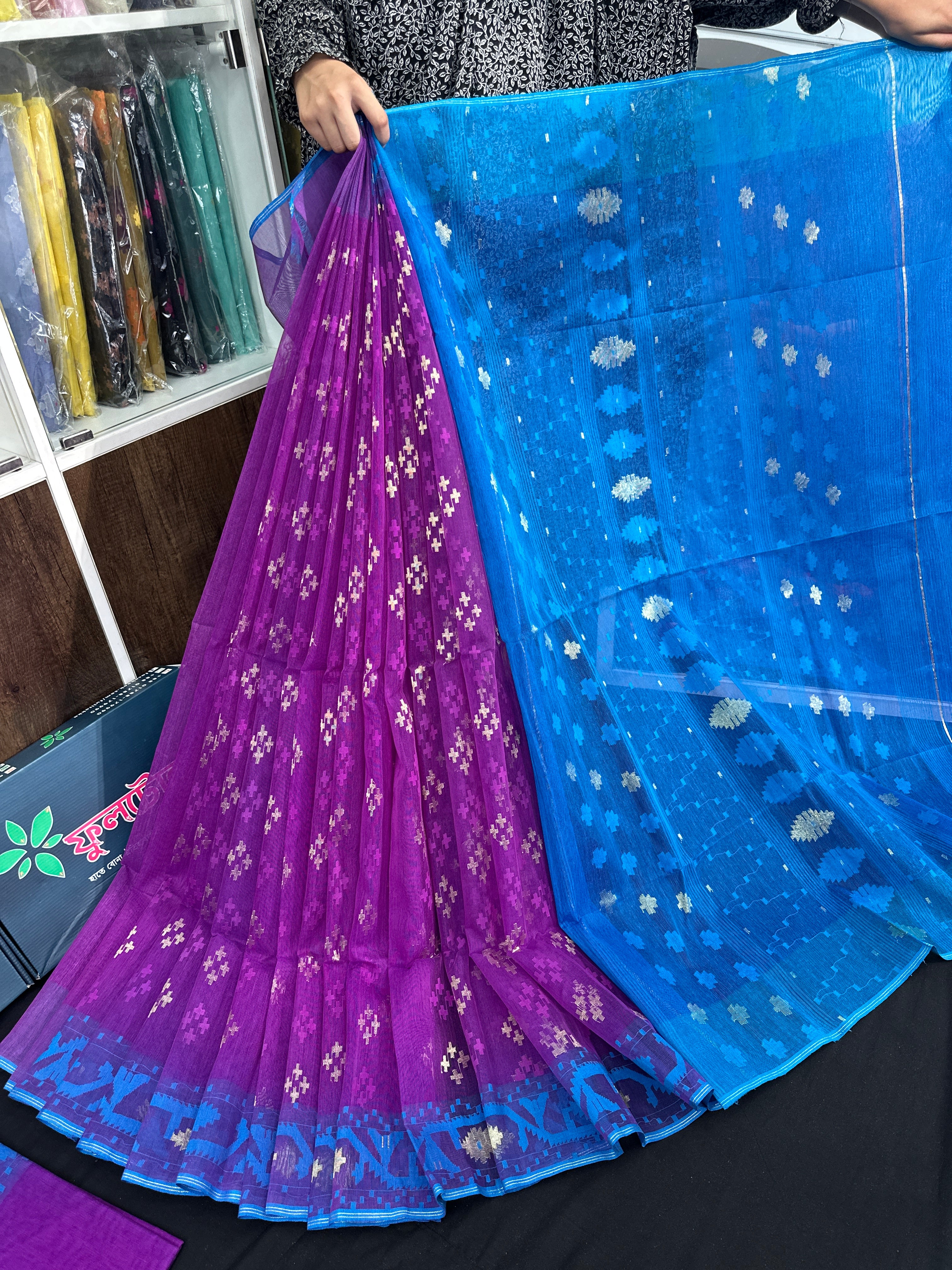 Purple halfsilk jamdani saree with golden jori work and contrast blue paar