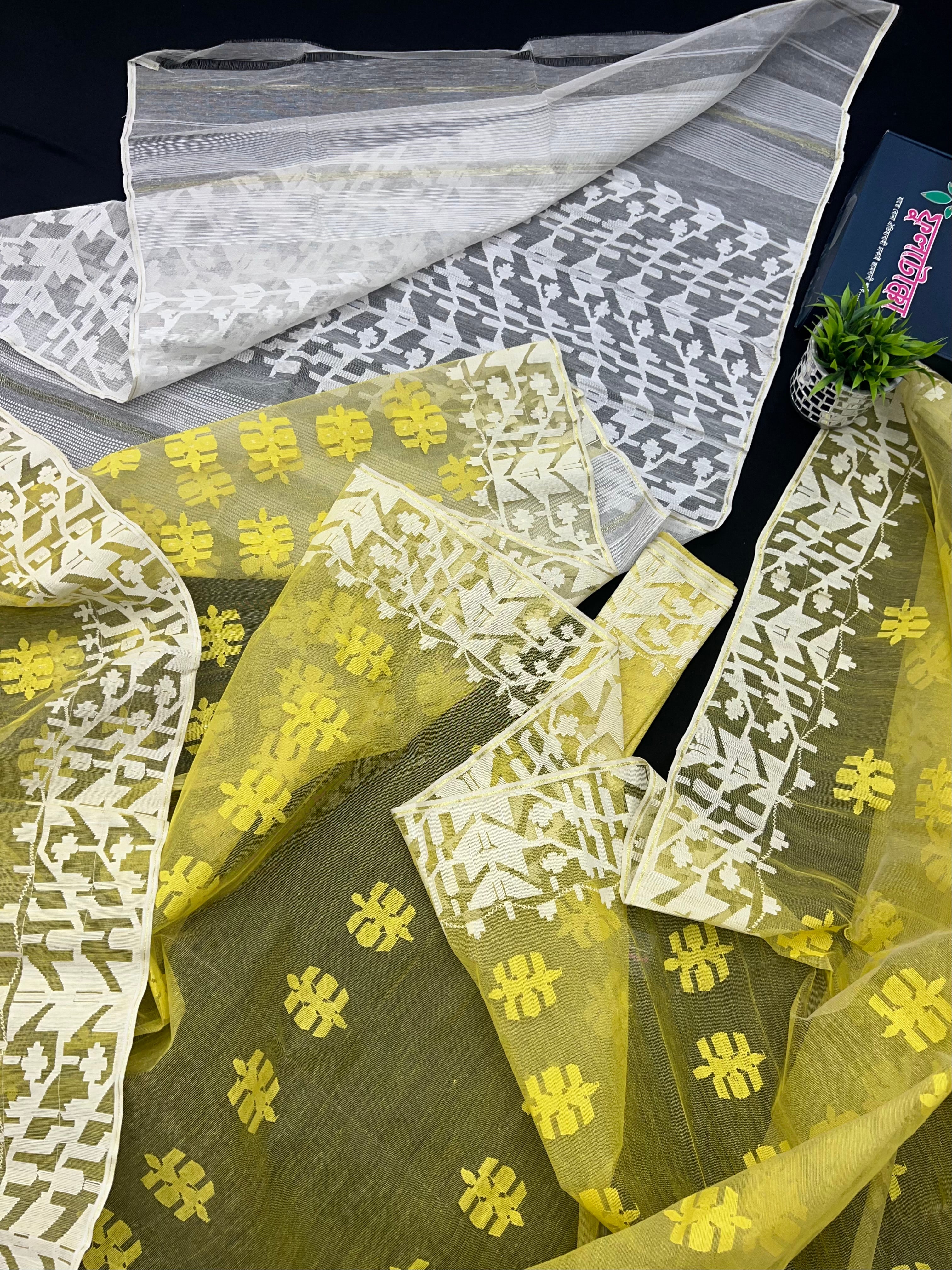 Yellow Colour Original Handloom Halfsilk Dhakai Jamdani With White Threads Work