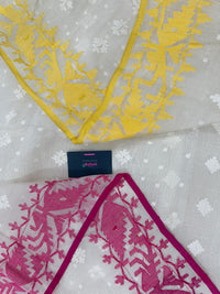 White cotton gonga jamuna design jamdani saree with pink & yellow threads work.