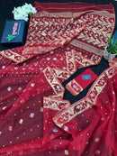 Red jamdani saree with golden jori all over work with blouse piece.