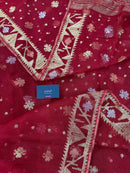 Red jamdani saree with golden jori all over work with blouse piece.