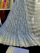 Surma colour halfsilk jamdani saree with golden jori work and blue threads work