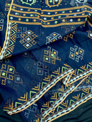 Navy blue jamdani saree with orange  green & off white threads work.