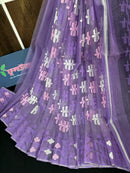 Sweet lavendar halfsilk jamdani saree with white pink lavender threads work
