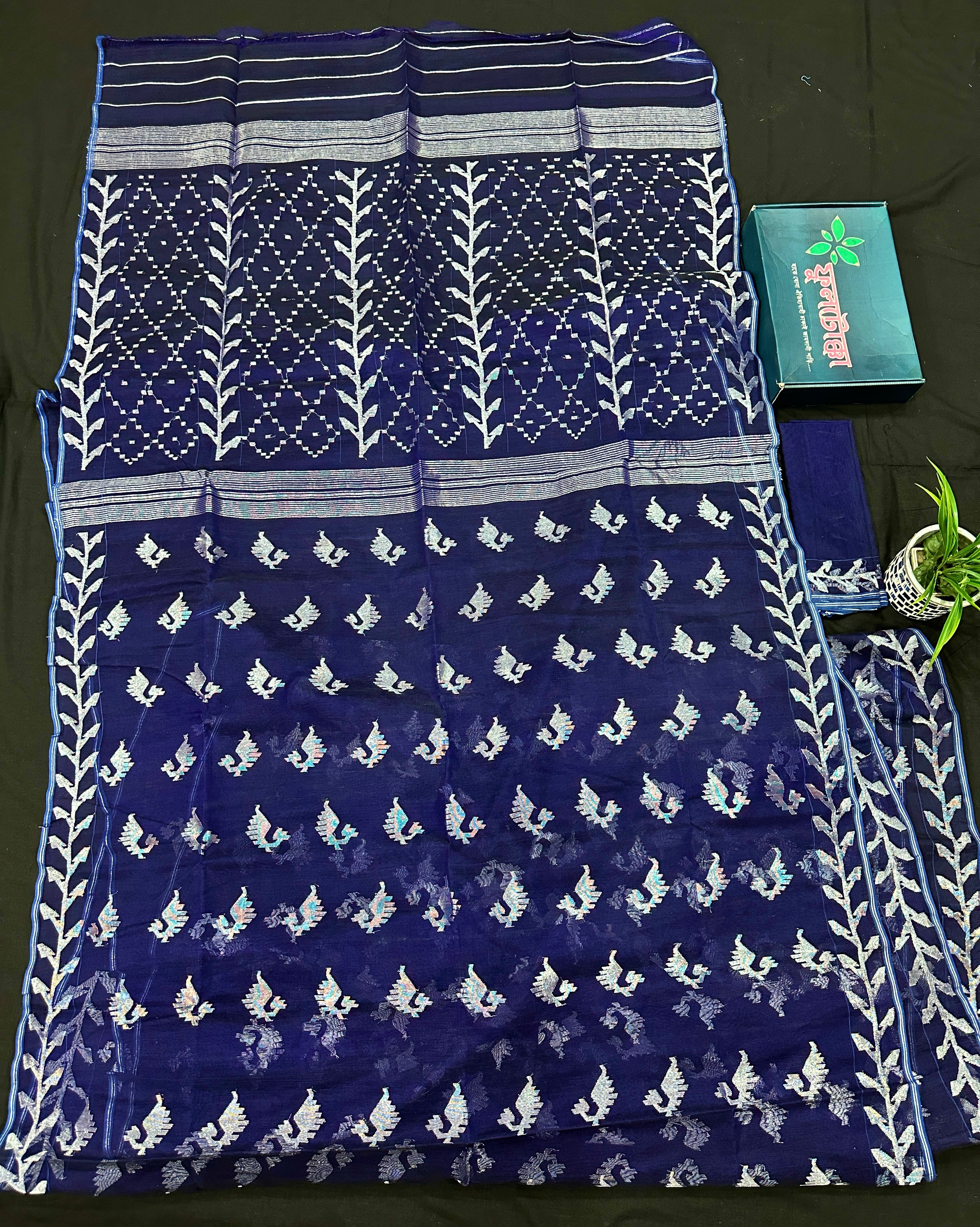 Navy blue jamdani saree with silver jori work soft threads all over work.