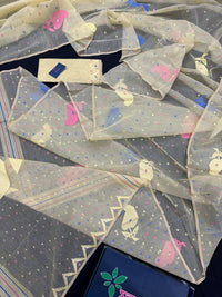 Baby yellow halfsilk jamdani saree with blue pink baby yellow threads work.