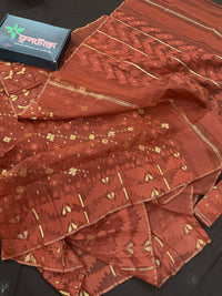 Mehendi brown jamdani saree with golden work.