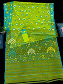 Parrot green jamdani saree with multi colour work with blue Paar.