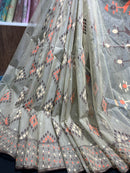 Dark olive halfsilk jamdani saree with orange off white coffe threads work