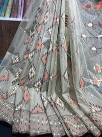Dark olive halfsilk jamdani saree with orange off white coffe threads work