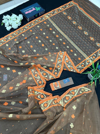 Peanut Brown dhakai jamdani saree with orange threads work & golden jori work all over soft count.