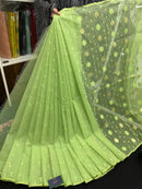 Olive Green Original Handloom Halfsilk Dhakai Jamdani Saree With Self Threads Work & Golden Jori Work