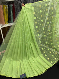 Olive Green Original Handloom Halfsilk Dhakai Jamdani Saree With Self Threads Work & Golden Jori Work