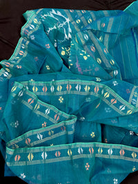 Sea green budget range jamdani saree with golden silver & copper jori work.