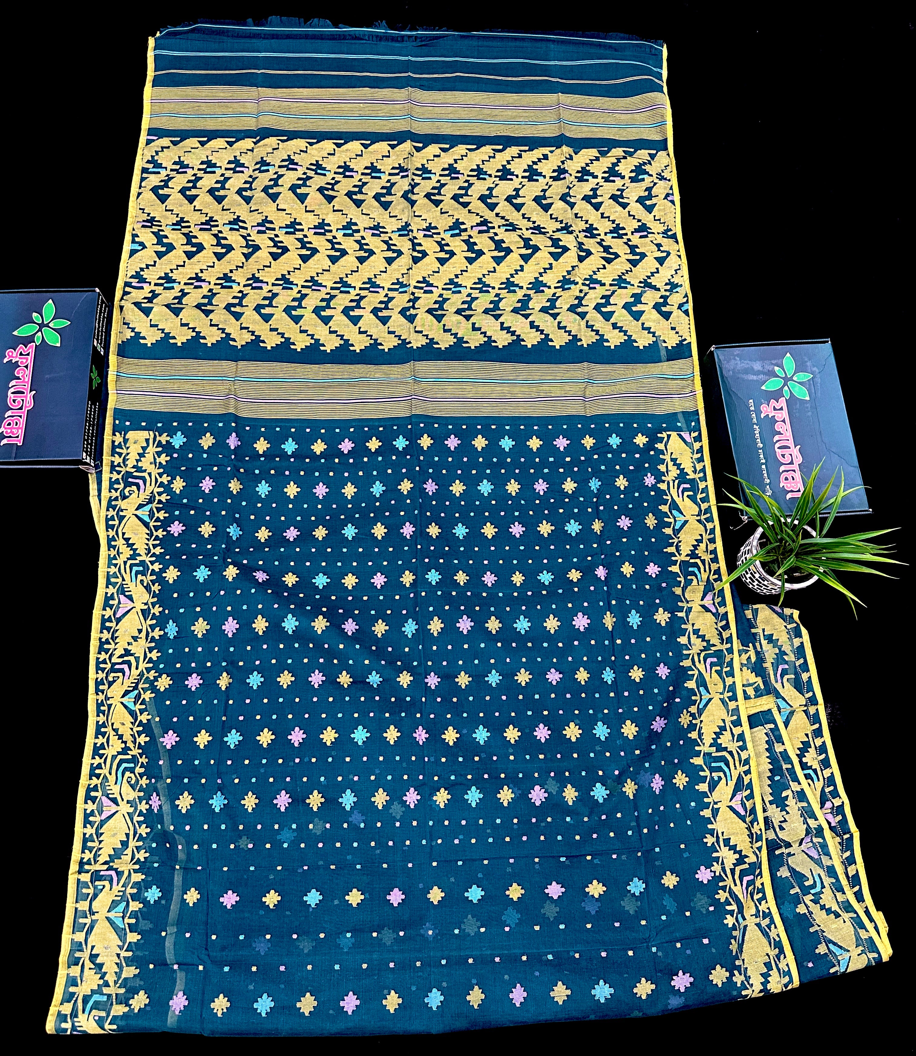 Peacock blue cotton jamdani saree with yellow threads work all over soft count