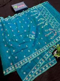 Sea green budget range jamdani saree with golden silver & copper jori work.