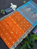 Fanta orange halfsilk jamdani saree with golden jori work and blue orange threads work