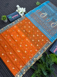 Fanta orange halfsilk jamdani saree with golden jori work and blue orange threads work