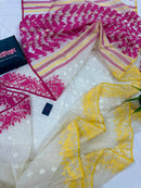 White cotton gonga jamuna design jamdani saree with pink & yellow threads work.