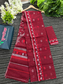 Maroon semi bridal cotton jamdani saree with silvery jori work maroon threads work