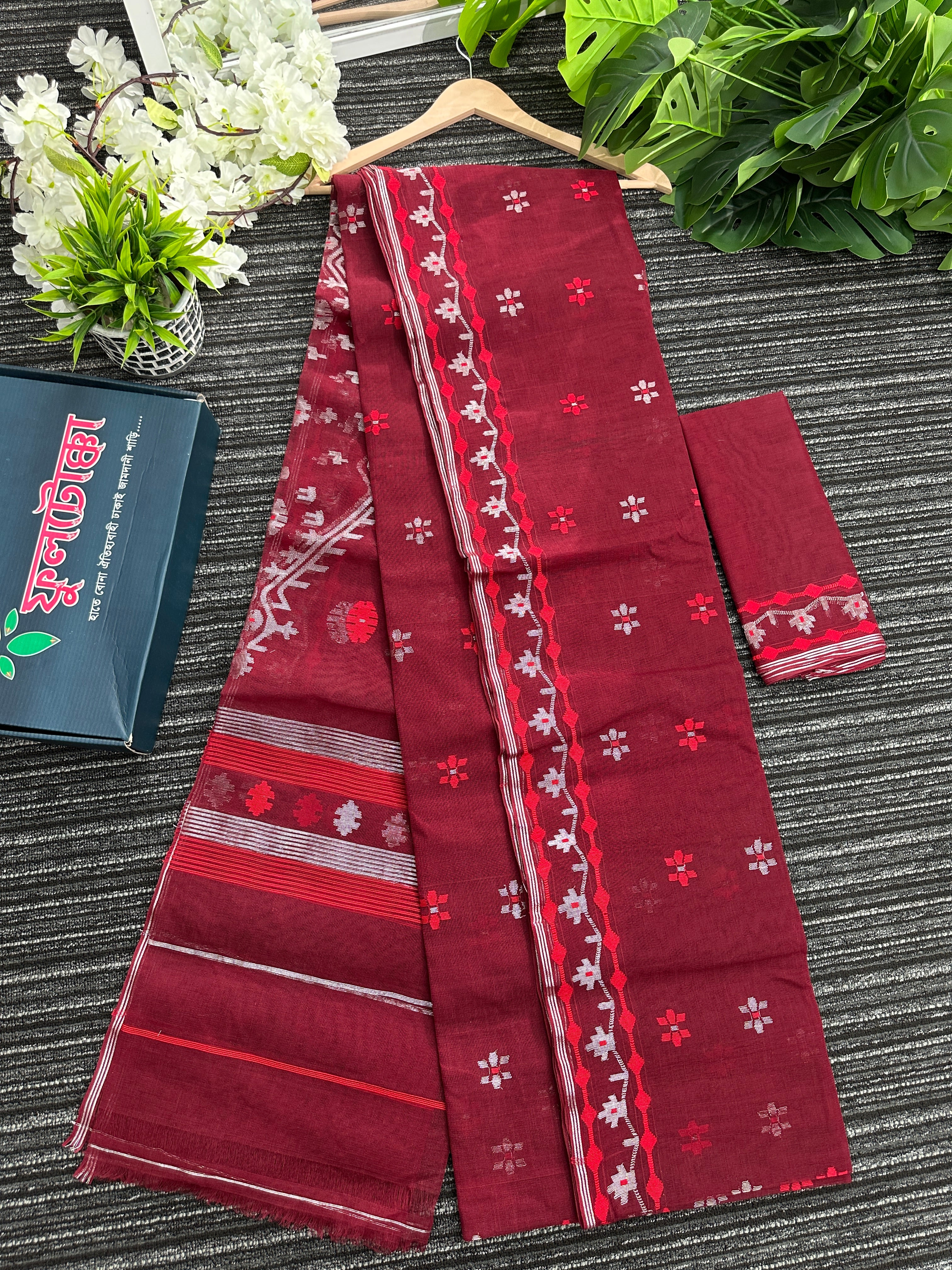 Maroon semi bridal cotton jamdani saree with silvery jori work maroon threads work