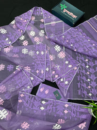 Lavender Jamdani Saree With White Pink Lavender Threads Work.