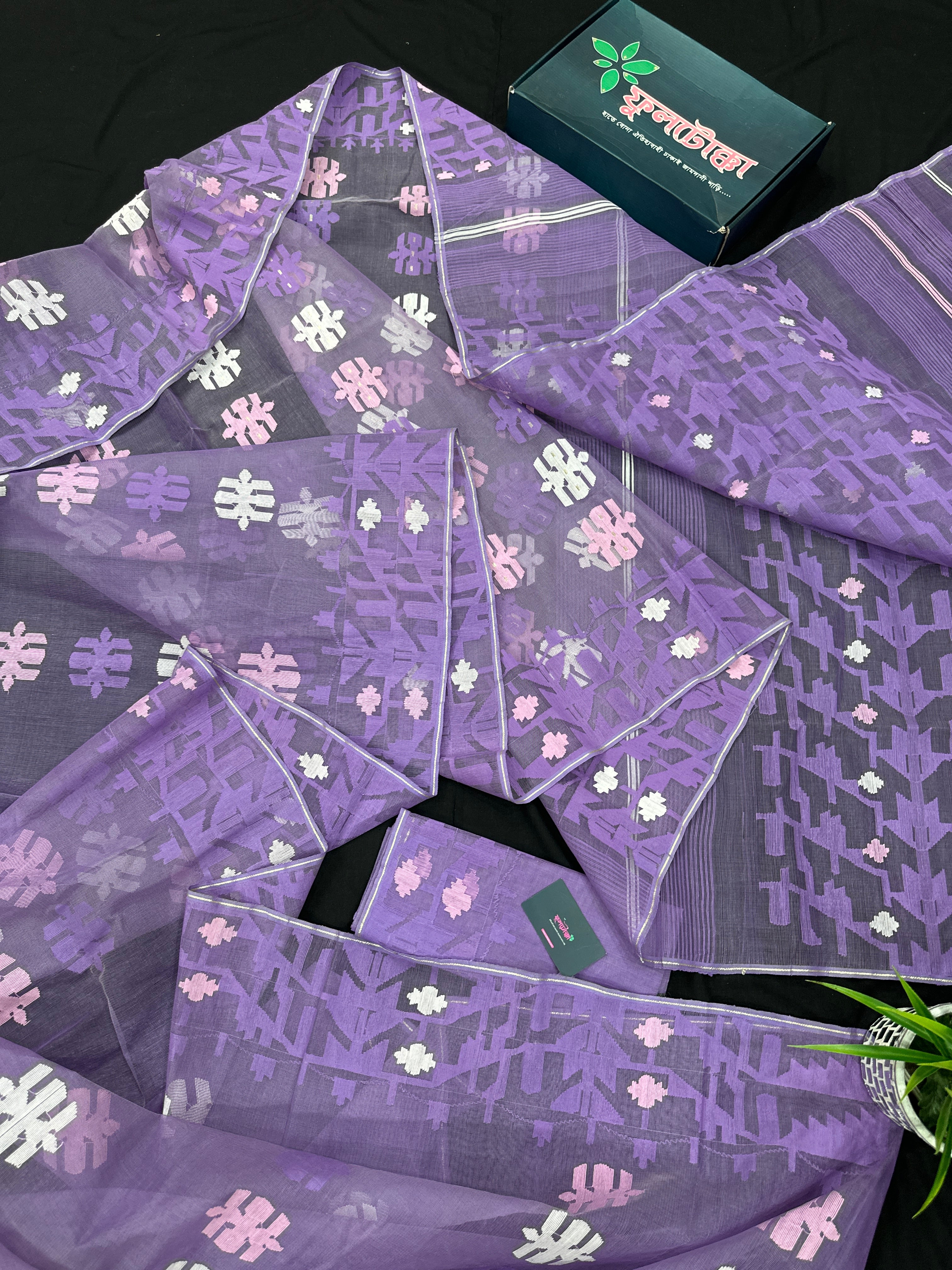 Lavender Jamdani Saree With White Pink Lavender Threads Work.