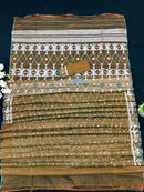 Mehendi Brown Original Handloom Halfsilk Dhakai Jamdani Sarww With Silver Jori Work & Orange Threads Work