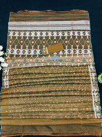 Mehendi Brown Original Handloom Halfsilk Dhakai Jamdani Sarww With Silver Jori Work & Orange Threads Work