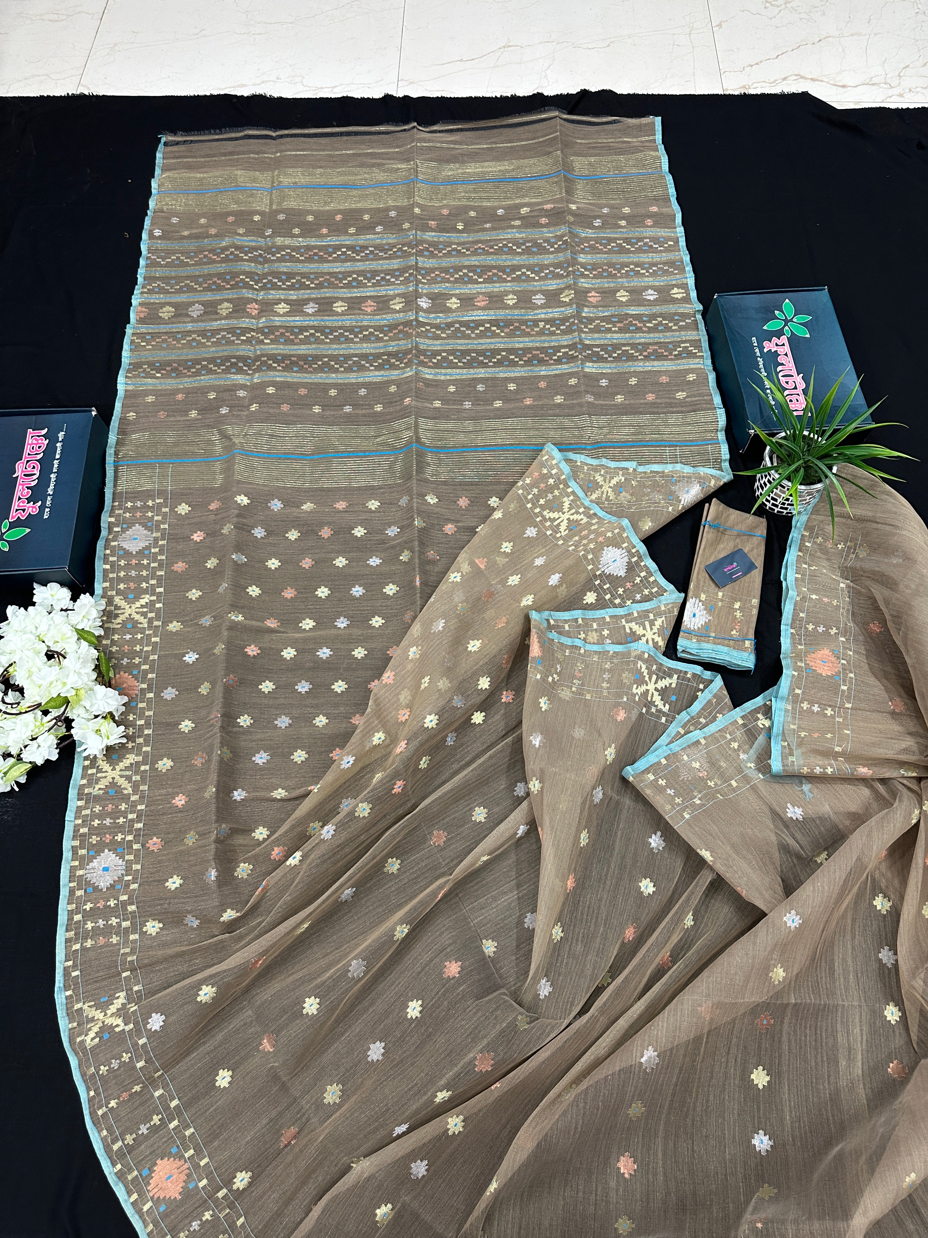 Dull Brown dhakai jamdani saree with golden silver & copper jori work all over work soft count