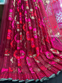 Redish Maroon bridal exclusive halfsilk jamdani saree with red magenta threads work and golden jori work