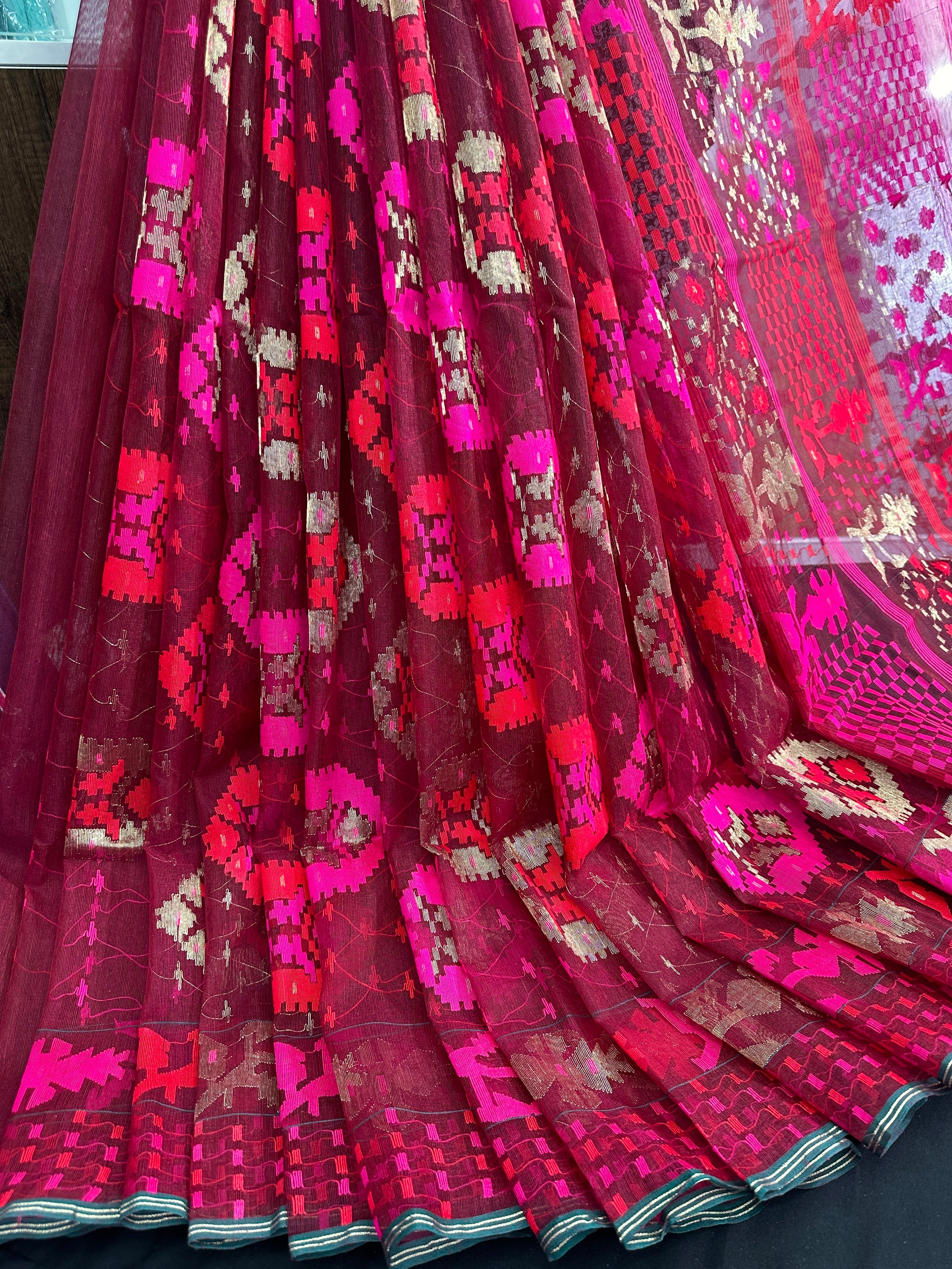 Redish Maroon bridal exclusive halfsilk jamdani saree with red magenta threads work and golden jori work
