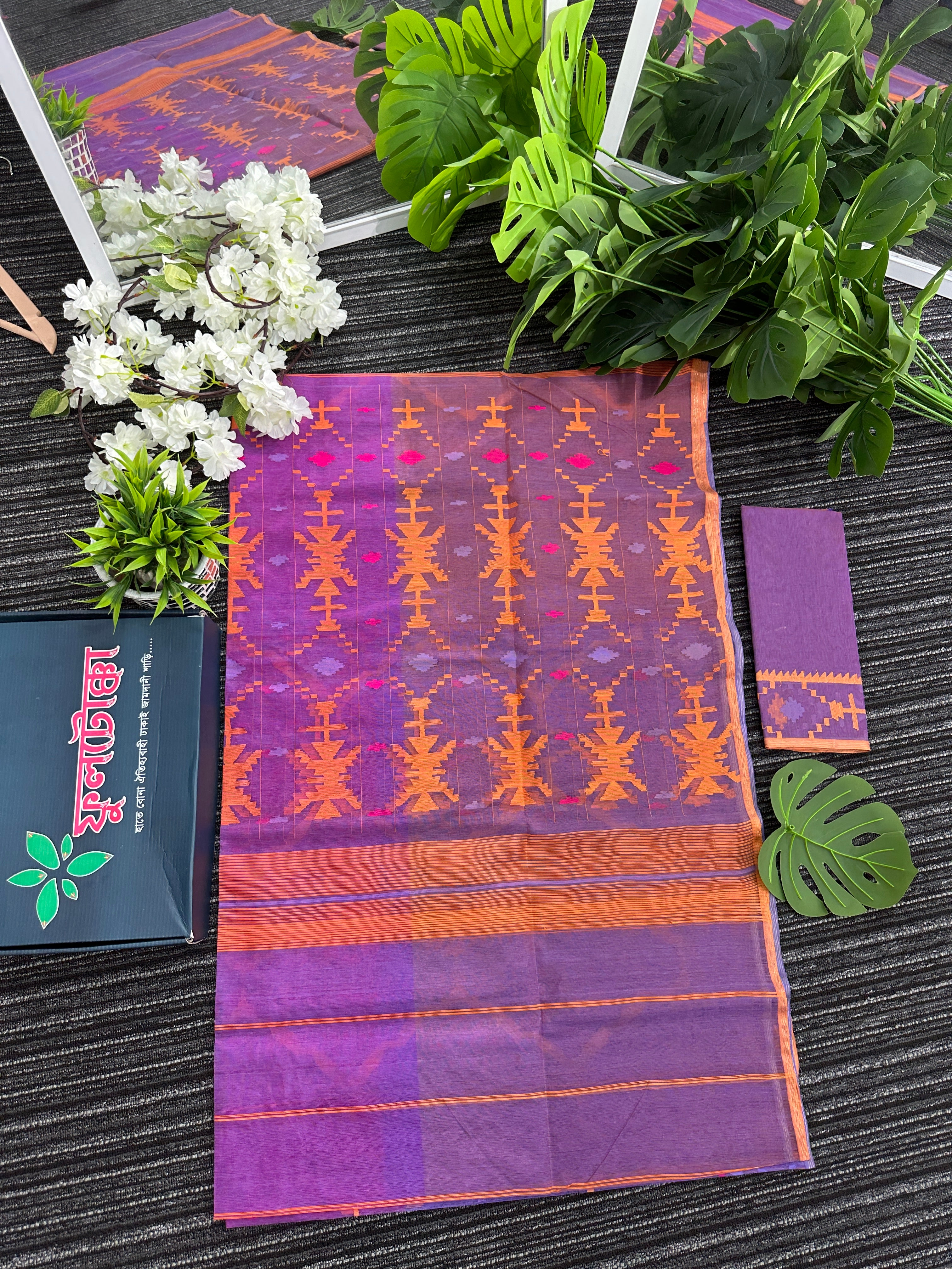 Tripple shaded dual toned halfsilk jamdani saree with orange pink purple threads work