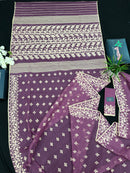 Onion cotton jamdani saree with yellowish threads work all over work.