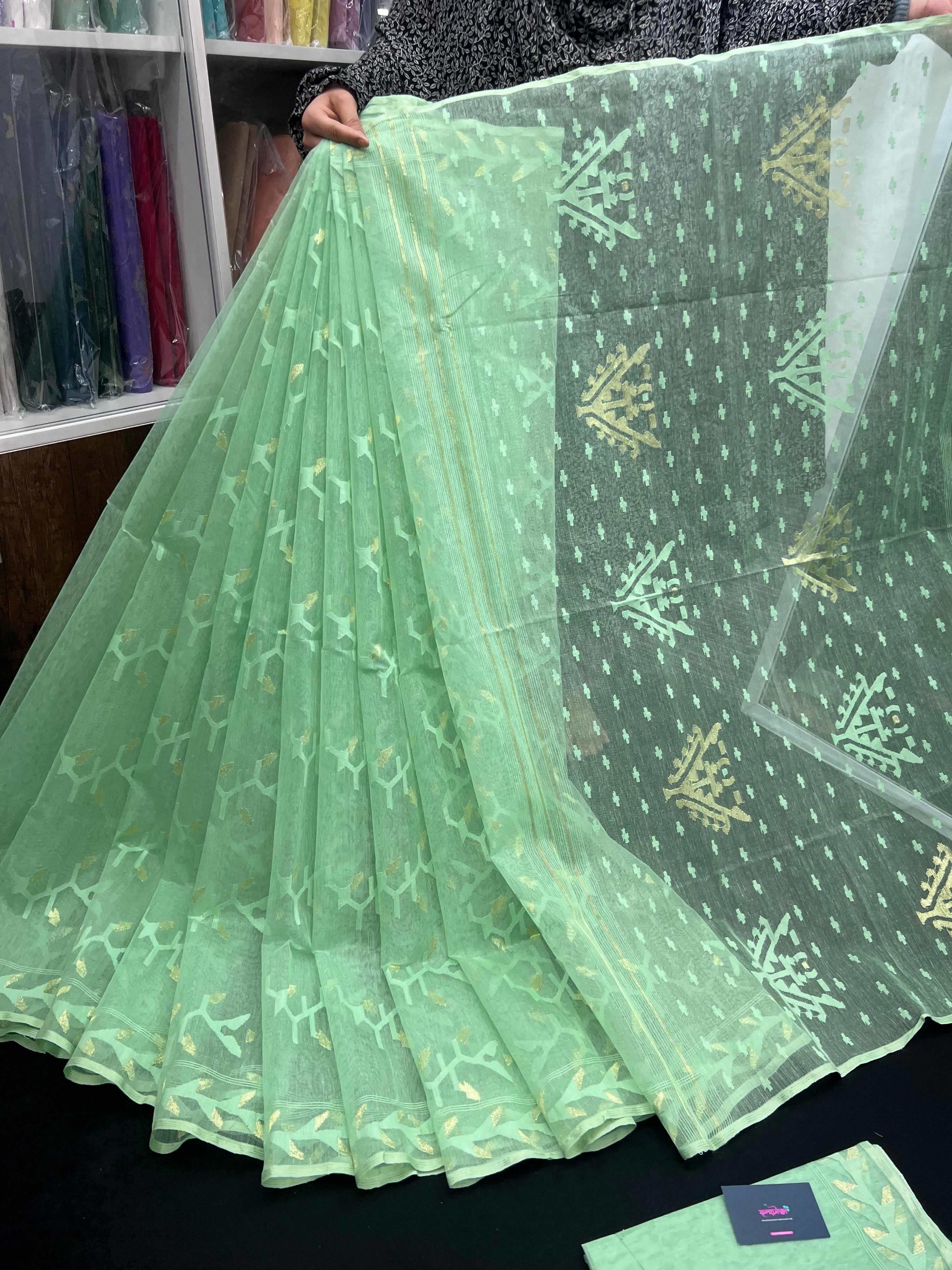 Mint Colour Original Handloom Halfsilk Dhakai Jamdani Saree With Golden Jori Work