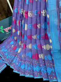 Orchid purple halfsilk jamdani saree with white pink blue threads work