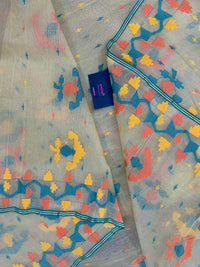 Cream colour jamdani saree with yellow orange blue floral threads work and blouse piece.