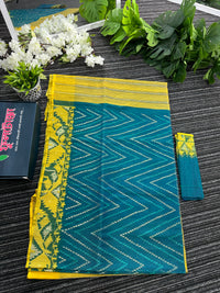 Sea green with yellow halfsilk jamdani with golden jori work and self threads work