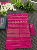 Magenta halfsilk jamdani saree with golden silver & copper jori work aslo green pink threads work