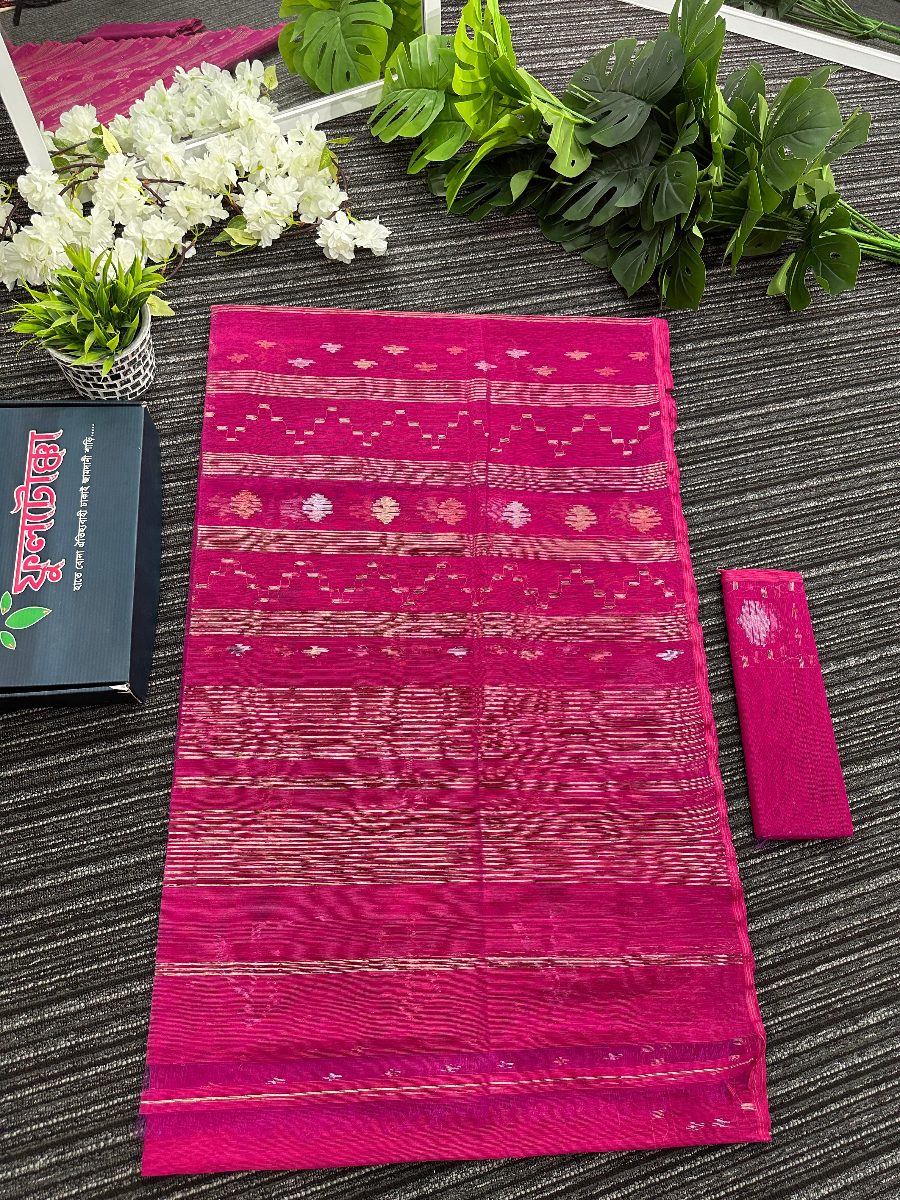 Magenta halfsilk jamdani saree with golden silver & copper jori work aslo green pink threads work