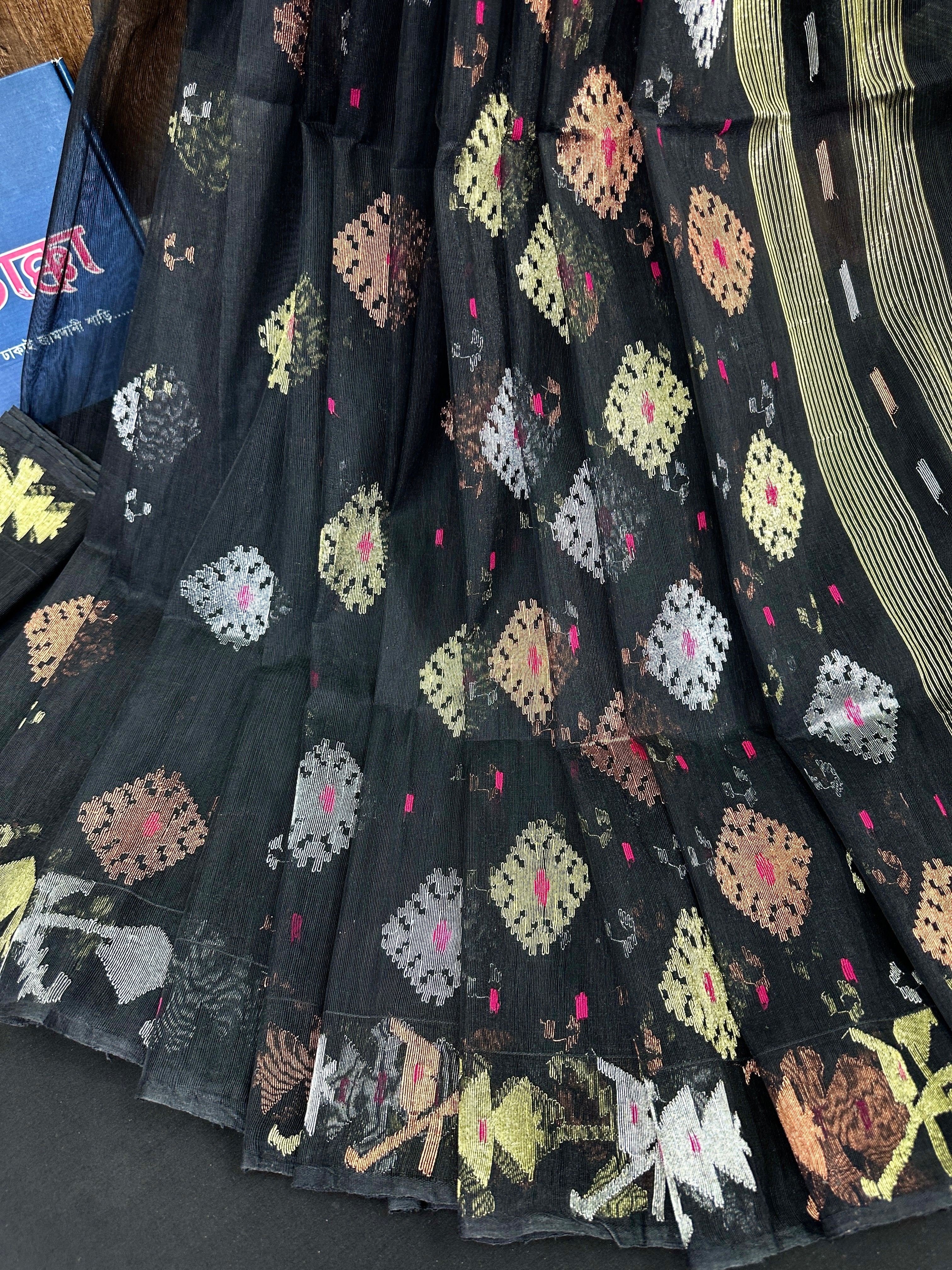 Black halfsilk jamdani saree with golden silver & copper jori work and magenta meena work