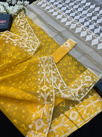 Yellow Original Handloom Halfsilk Dhakai Jamdani Saree With Self Threads Work & White Threads Work