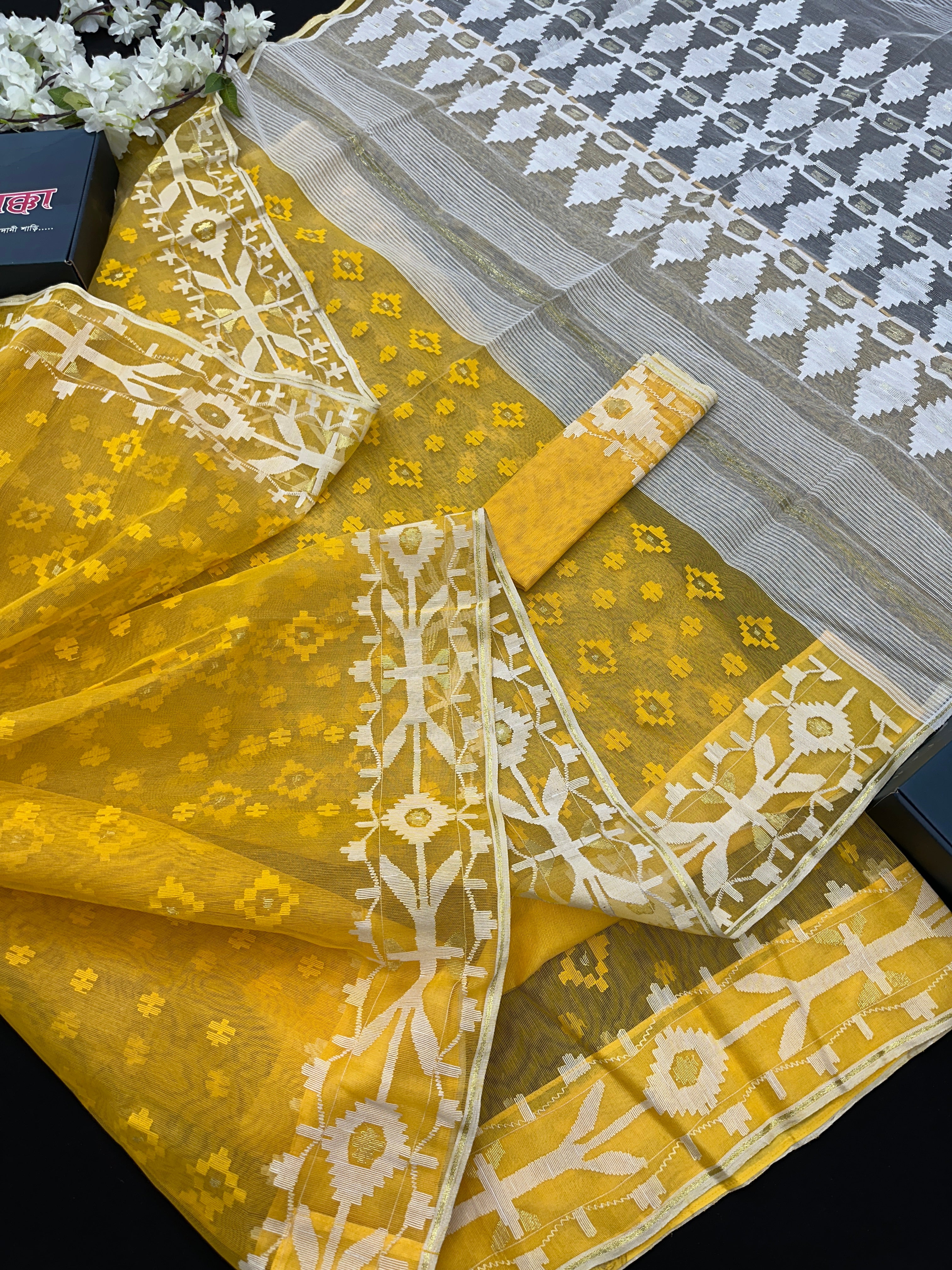 Yellow Original Handloom Halfsilk Dhakai Jamdani Saree With Self Threads Work & White Threads Work