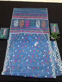 Dusty blue jamdani saree with pink white blue green work and white paar.