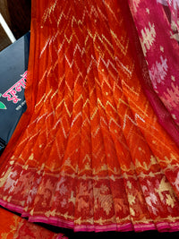 Orange halfsilk jamdani with magenta paar and golden silver & copper jori work